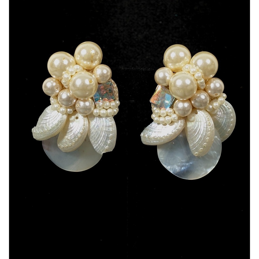 Vintage Faux Pearl Shell AB Crystal Clip On Earrings Bold Statement